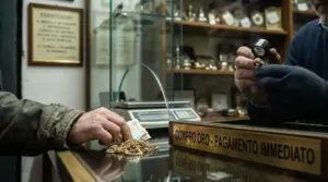 Scambio di oro e denaro in un negozio compro oro, con un operatore che valuta un anello