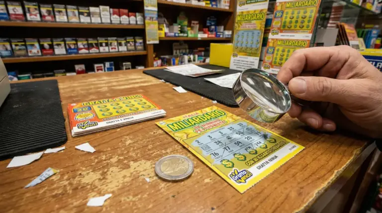 Una mano tiene una lente d'ingrandimento sopra un gratta e vinci su un bancone di tabaccheria