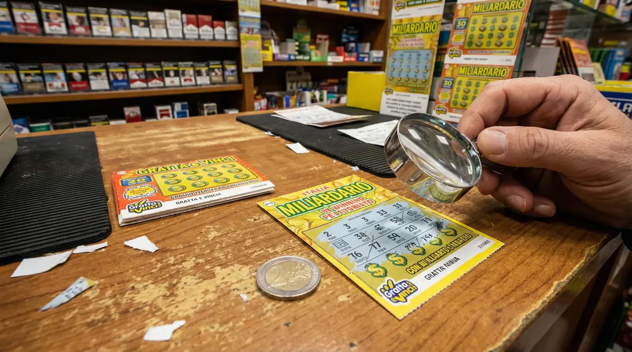 Una mano tiene una lente d'ingrandimento sopra un gratta e vinci su un bancone di tabaccheria