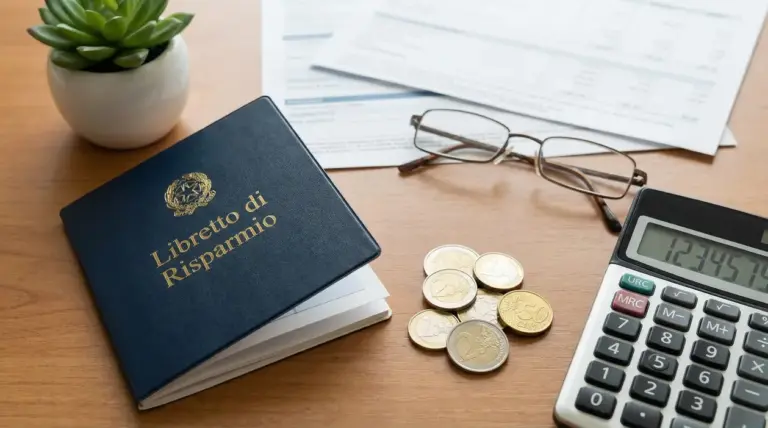 Libretto di risparmio con monete, calcolatrice e occhiali su scrivania