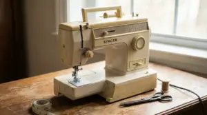 Macchina da cucire Singer vintage su un tavolo di legno con metro e forbici