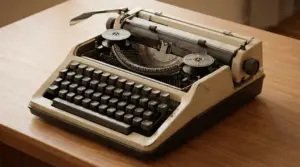 Vecchia macchina da scrivere beige e nera su un tavolo in legno chiaro