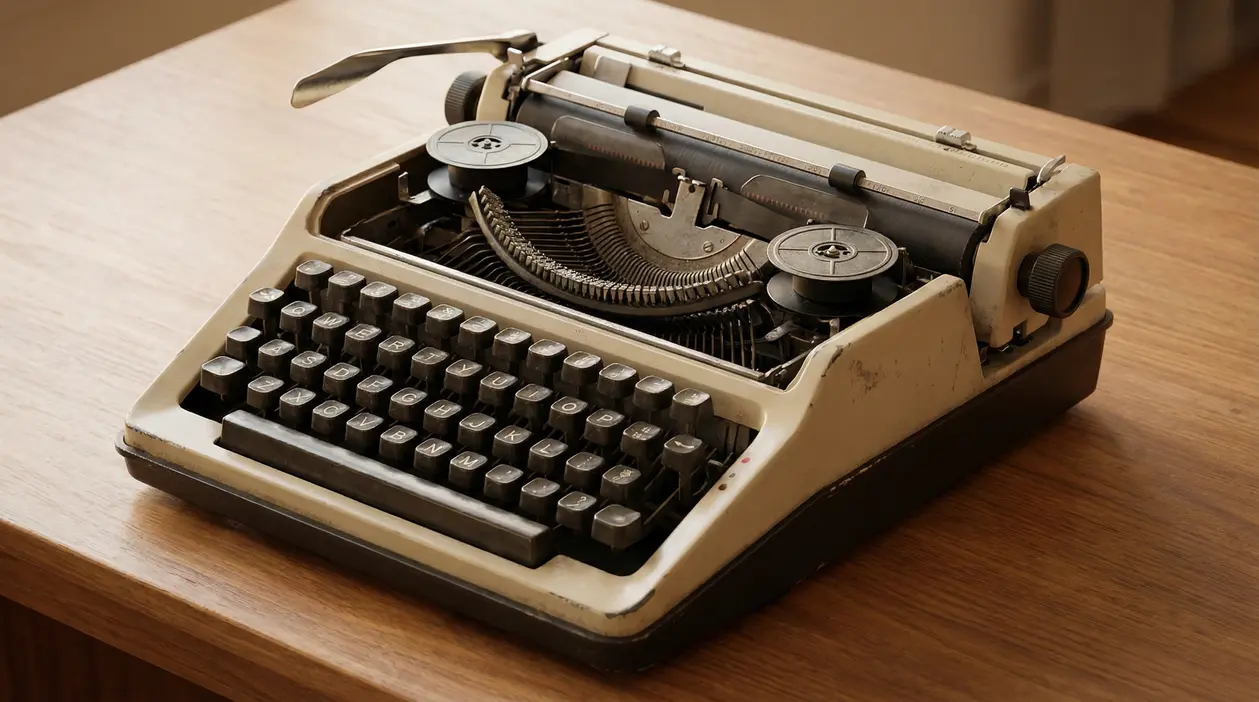 Vecchia macchina da scrivere beige e nera su un tavolo in legno chiaro