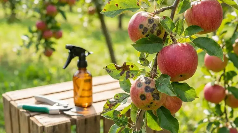 Mele colpite da una malattia fungina su un albero da frutto in un frutteto