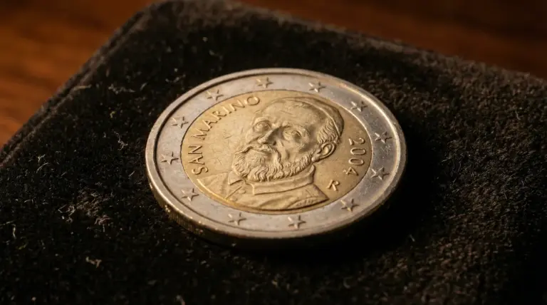 Moneta da 2 euro di San Marino del 2004 appoggiata su un panno scuro