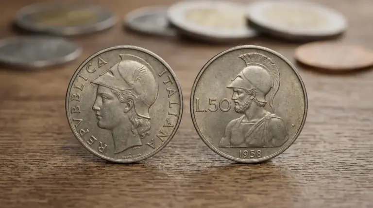 Due monete italiane da 50 lire con elmetto su un tavolo di legno