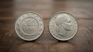 Due monete italiane da 200 lire del 1977 su superficie in legno