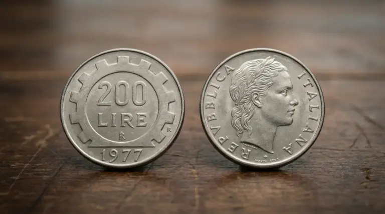Due monete italiane da 200 lire del 1977 su superficie in legno