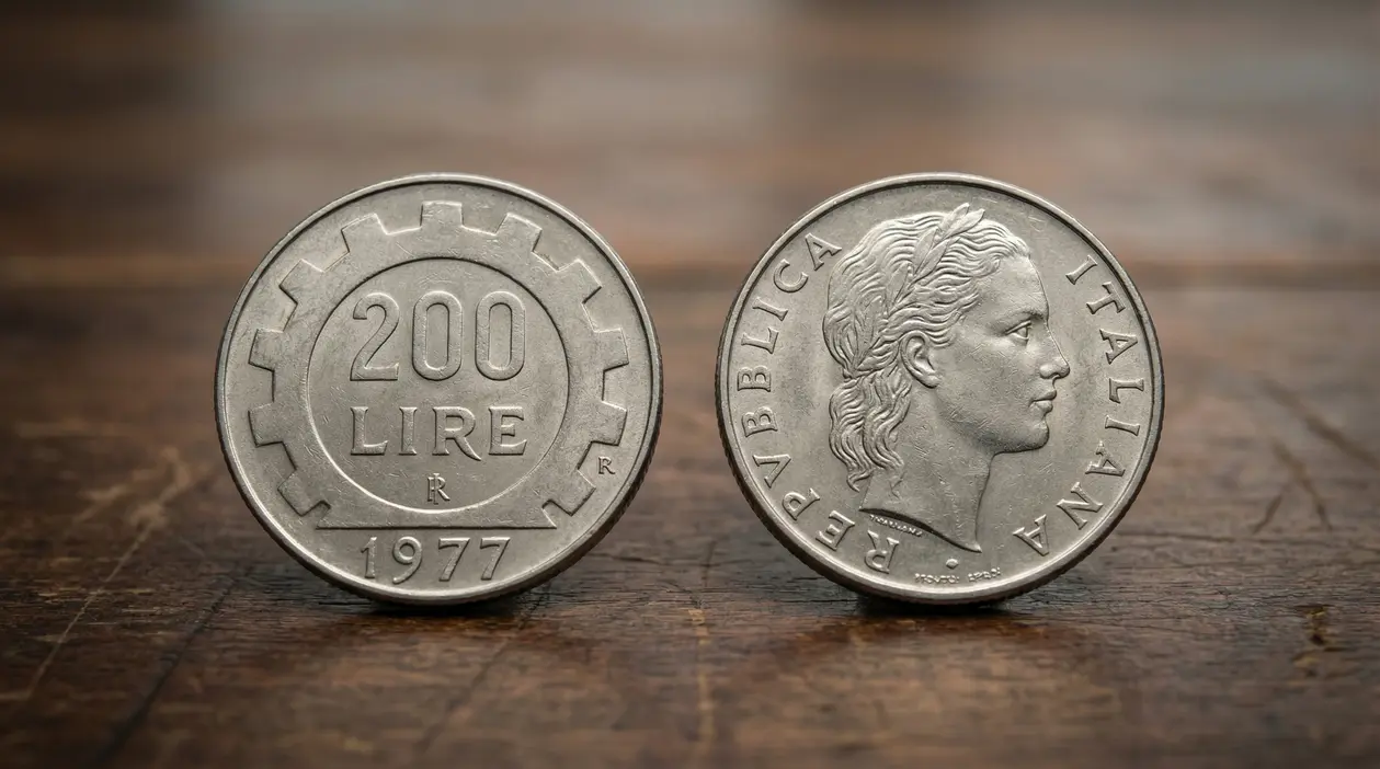 Due monete italiane da 200 lire del 1977 su superficie in legno