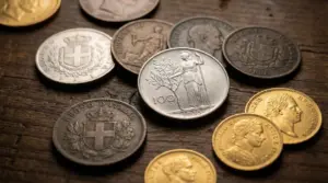 Vecchie monete italiane in oro e argento disposte su una superficie in legno