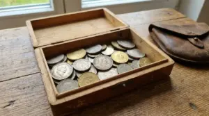 Monete svizzere in una scatola di legno su un tavolo di legno vicino a un vecchio portamonete