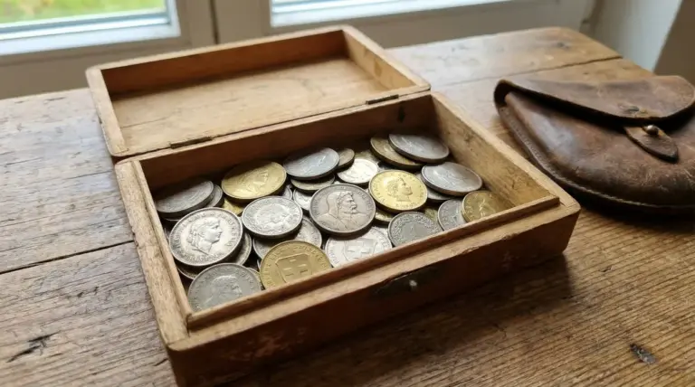 Monete svizzere in una scatola di legno su un tavolo di legno vicino a un vecchio portamonete