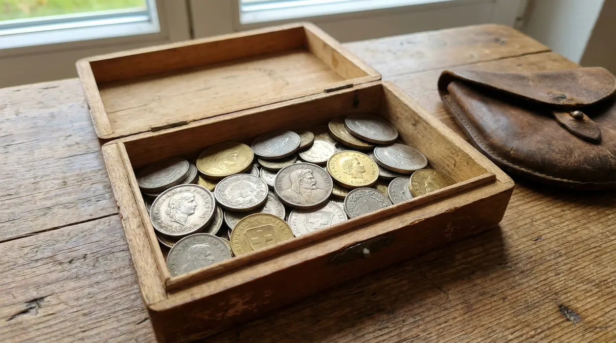 Monete svizzere in una scatola di legno su un tavolo di legno vicino a un vecchio portamonete