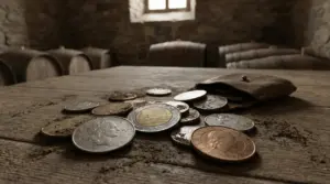 Vecchie monete sparse su un tavolo in una cantina con sacchetto in pelle