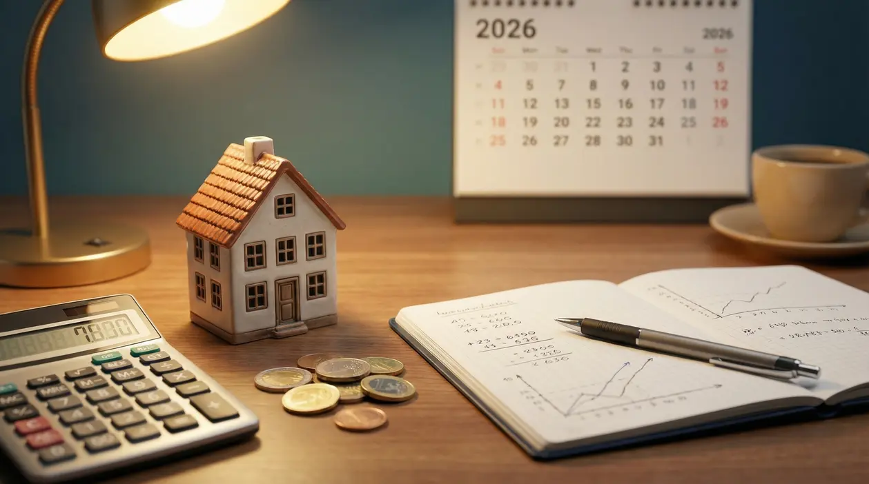 Scrivania con modellino di casa, calcolatrice, monete, taccuino con grafici e calendario datato 2026