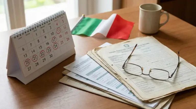 Documenti previdenziali su un tavolo con un calendario, una tazza e una bandiera italiana