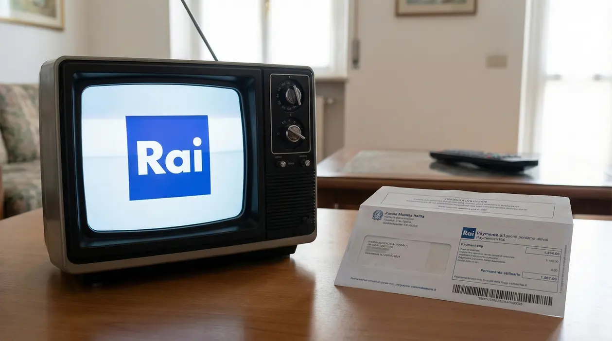 Vecchio televisore con logo Rai accanto a una bolletta su un tavolo in salotto