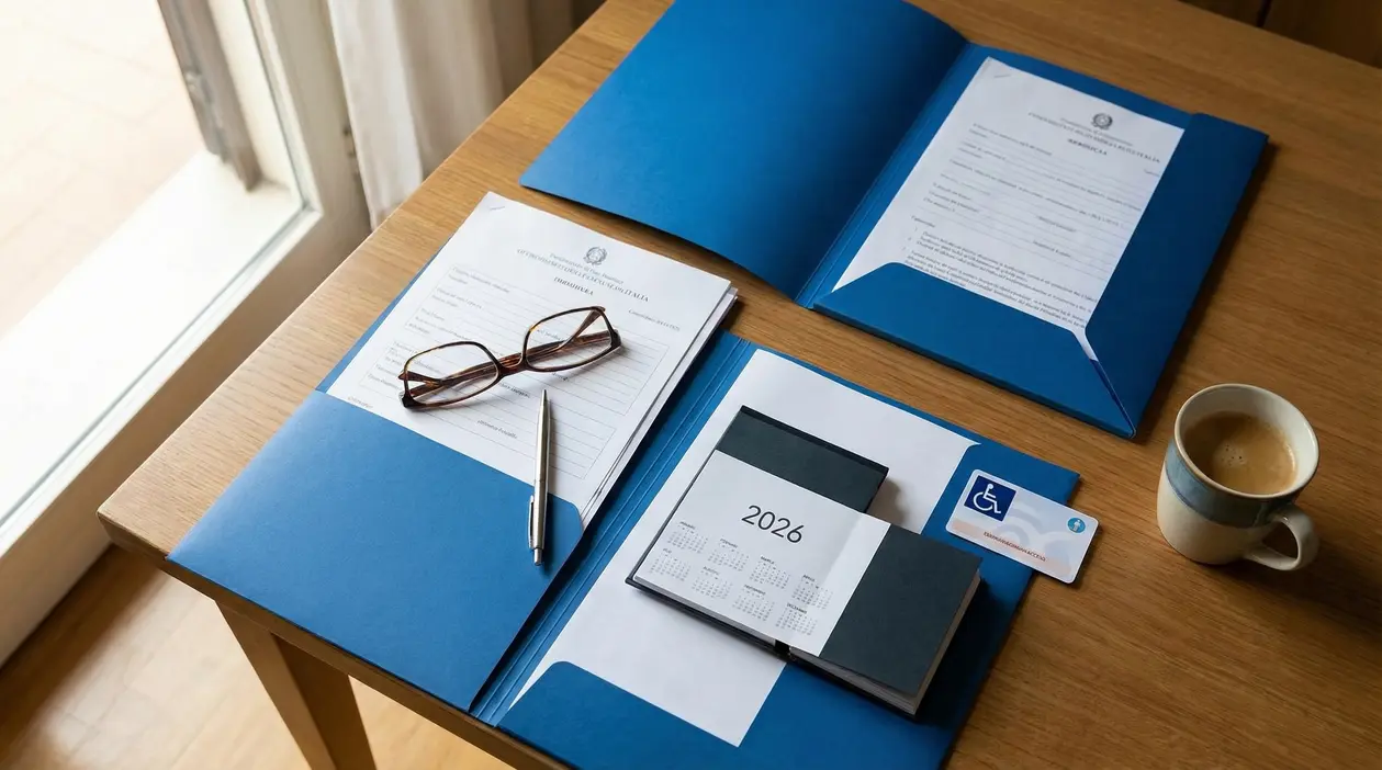 Cartelle blu con documenti, calendario 2026, tesserino disabilità e tazza di caffè su un tavolo