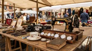 Bancarella di mercatino con orologi da tasca, macchina da scrivere, fotocamere e oggetti vintage