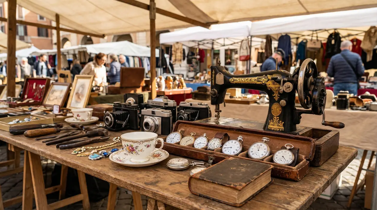 Bancarella di mercatino con orologi da tasca, macchina da scrivere, fotocamere e oggetti vintage