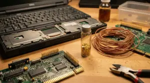 Componenti elettronici smontati da un vecchio portatile con filo di rame e frammenti d'oro in un piccolo contenitore