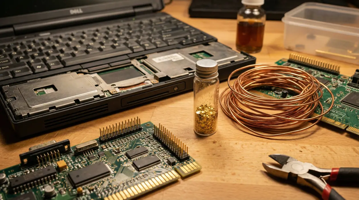 Componenti elettronici smontati da un vecchio portatile con filo di rame e frammenti d'oro in un piccolo contenitore