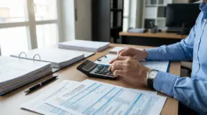 Persona alla scrivania che lavora su documenti fiscali con una calcolatrice