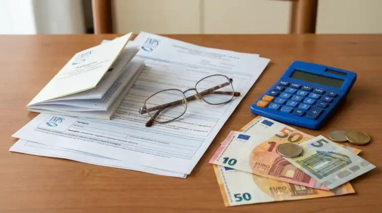 Documenti INPS con occhiali, calcolatrice e banconote in euro su un tavolo
