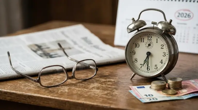 Sveglia, giornale, occhiali e denaro su una scrivania con calendario del 2026