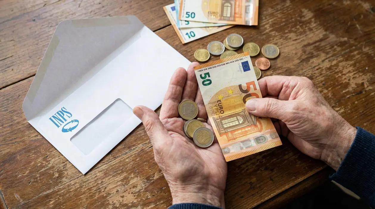 Mani anziane che contano banconote e monete accanto a una busta INPS su un tavolo