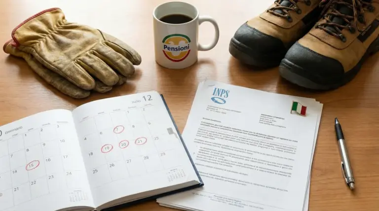 Documenti INPS, tazza con scritta Pensioni, guanti da lavoro e calendario su un tavolo