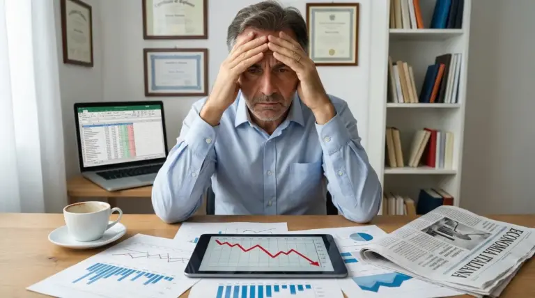 Uomo preoccupato seduto alla scrivania con grafici finanziari in calo e dispositivi