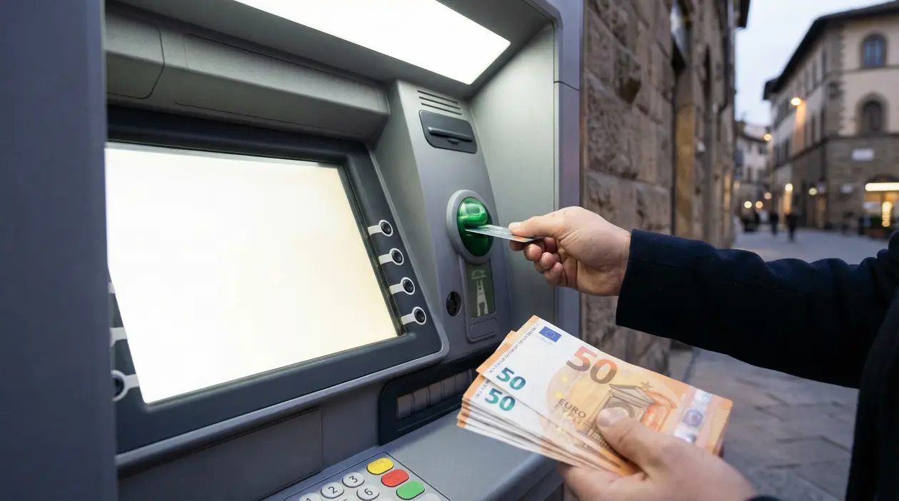 Persona utilizza un bancomat per prelevare contanti in una via cittadina.