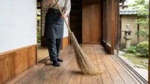 Persona che spazza il pavimento in legno di una casa tradizionale giapponese