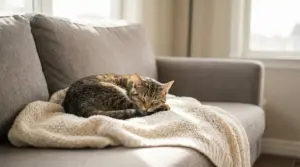 Gatto che dorme su una coperta di lana su un divano in salotto