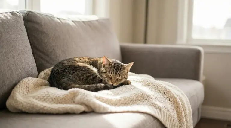 Gatto che dorme su una coperta di lana su un divano in salotto