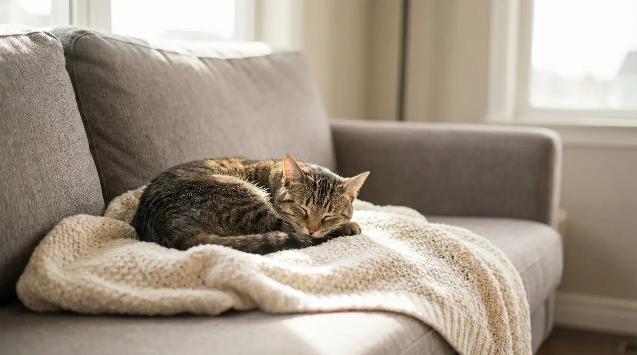 Gatto che dorme su una coperta di lana su un divano in salotto