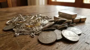 Monete d'argento, lingotti e gioielli su un tavolo in legno