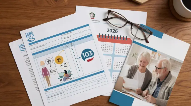 Documenti pensionistici INPS su un tavolo con calendario 2026 e due persone anziane sorridenti.
