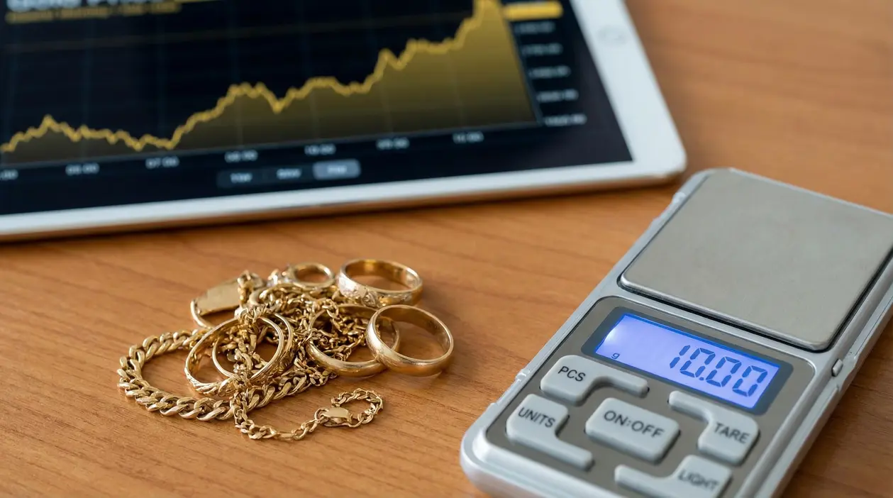 Bilancia digitale con 10 grammi di gioielli in oro accanto a un tablet con grafico delle quotazioni