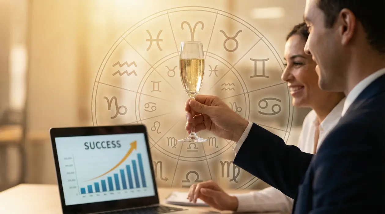 Due persone brindano davanti a un computer con un grafico di successo e simboli zodiacali sullo sfondo