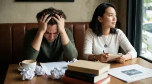 Due persone sedute a un tavolo reagiscono in modo opposto: una è stressata, l'altra serena