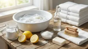 Ingredienti naturali per il bucato fai-da-te con panni bianchi in ammollo in una bacinella