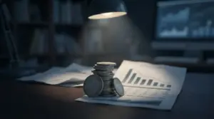 Monete impilate su documenti finanziari con grafici, illuminate da una lampada da scrivania