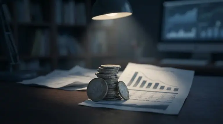 Monete impilate su documenti finanziari con grafici, illuminate da una lampada da scrivania