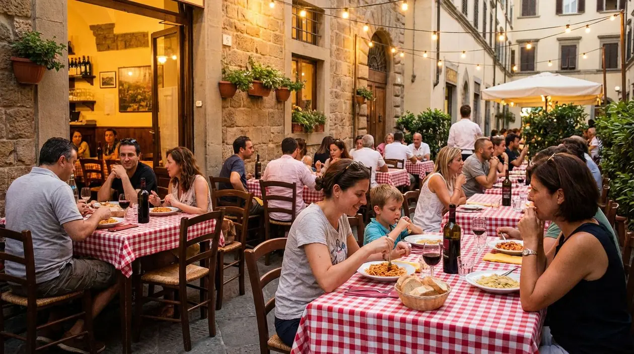Persone che cenano all'aperto in un ristorante tipico di Firenze con tovaglie a quadretti rossi