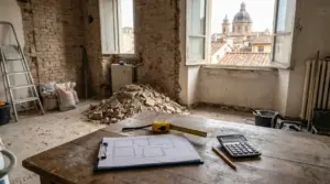 Interno di un appartamento in ristrutturazione con planimetria, metro e calcolatrice su un tavolo