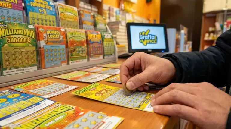 Mani che grattano un biglietto Gratta e Vinci su un bancone con altri biglietti esposti.