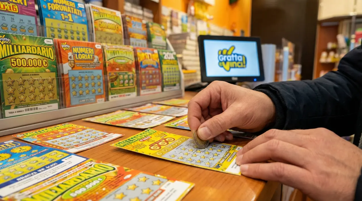 Mani che grattano un biglietto Gratta e Vinci su un bancone con altri biglietti esposti.