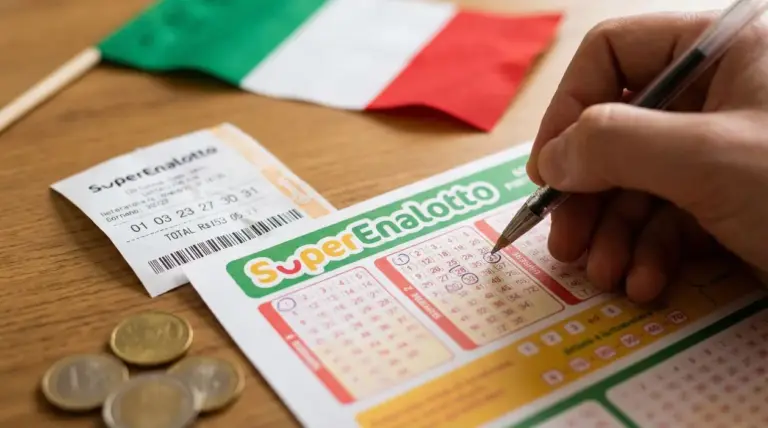 Mano che compila una schedina del SuperEnalotto con una ricevuta e monete sul tavolo